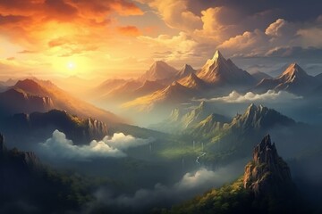 Breathtaking mountainous landscape with captivating sunset glow in vast perspective. Generative AI