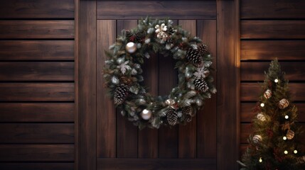 Christmas wreath on the background of a wooden light modern door 