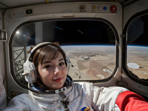 A beautiful brunette cosmonaut woman takes a selfie in a spaceship against the background of a new planet