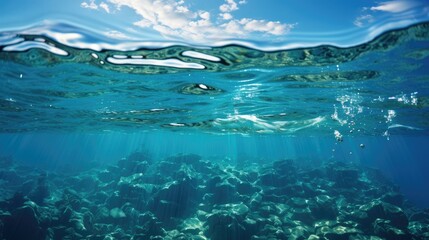 underwater view of the sea with coral reefs and bright blue cloudy sky