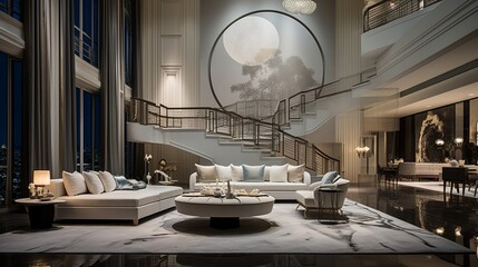 an apartment with a large staircase, floor lamps and white furniture, in the style of northern china's terrain, opaque resin panels, rendered in maya, exquisite craftsmanship, deco-inspired geometric 