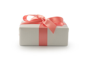 White gift box with peach color ribbon isolated on white background