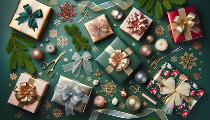 Fototapeta na wymiar Festive Christmas Composition with Gift and Seasonal Decorations