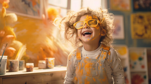 A joyful little girl with paint covering her face, glasses  and trousers, sharing laughter during her art class.