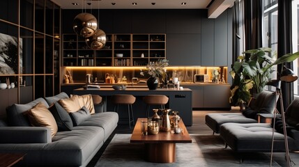 apartment design ideas with lots of lights, in the style of dark gray and gold, heavy lines, decorative, wood, high quality photo, postmodernist - obrazy, fototapety, plakaty