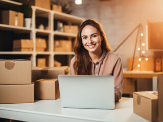 Confident Young Entrepreneur at Her Startup Workspace with Cardboard Boxes