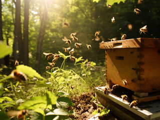 Busy Honeybees at Work on a Hive in a Sunny Garden Setting