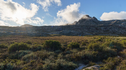 On top of mountain landscape during golden hour sunset at Cabana Meda de Rocalva, Peneda-Geres...