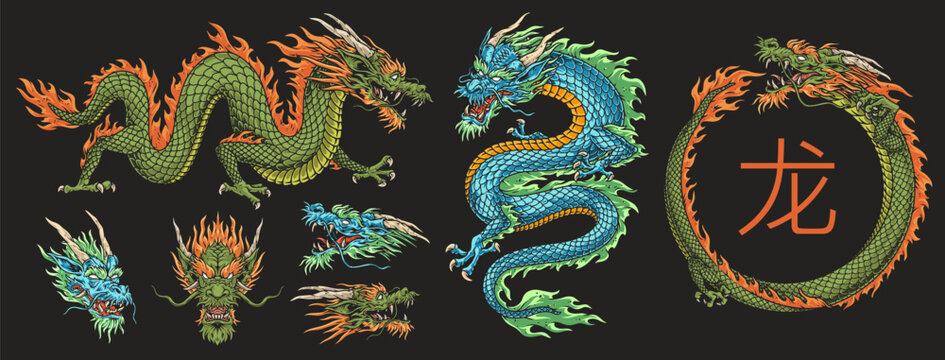 Chinese dragons colorful set logotypes