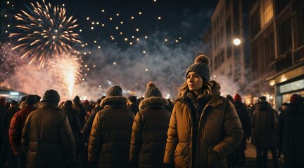 A young woman at a new years eve party outside with people and fireworks in the background. Generative AI.