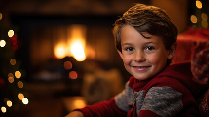 Portrait of a little boy smiling in front of a decorated Christmas tree at home