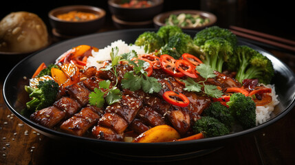 A Classic Dish Spicy Chicken Stir Fry on Blurry Background