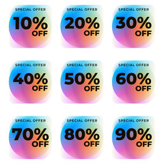 SET SALE TAG BADGE TEMPLATE GRADIENT COLOR DESIGN. OFFER WITH DIFFERENT DISCOUNT FROM 10, 20, 30, 40, 50, 60, 70, 80, 90 PERCENT OFF.MODERN DESIGN VECTOR FOR YOUR BUSINESS