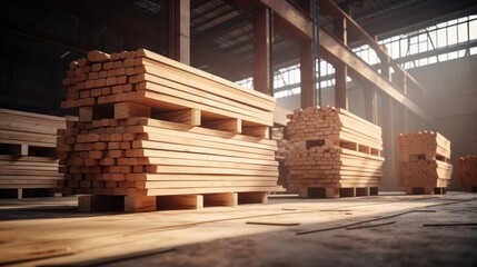 Stack of wooden planks in a warehouse or factory 