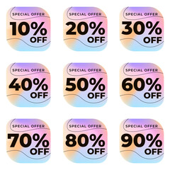 SET SALE TAG BADGE TEMPLATE GRADIENT COLOR DESIGN. OFFER WITH DIFFERENT DISCOUNT FROM 10, 20, 30, 40, 50, 60, 70, 80, 90 PERCENT OFF.MODERN DESIGN VECTOR FOR YOUR BUSINESS