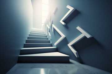 3D white arrow climbing up stair on blue metal wall. Generative AI