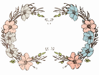 Drawing of flower wreaths with neutral flowers and leaves illustration separated, sweeping overdrawn lines.