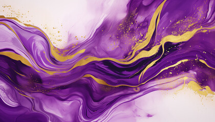 Marble ink painting texture on a luxury background banner - Purple waves, swirls, gold painted splashes, 3d lines. AI generated.
