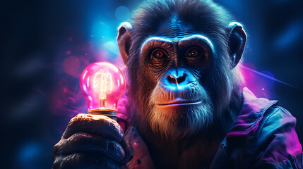 A Monkey Grasps a Light Bulb, Creative Explosion of Multicolored Paint. The Birth of a Creative Idea and Mind created with Innovative AI Technology