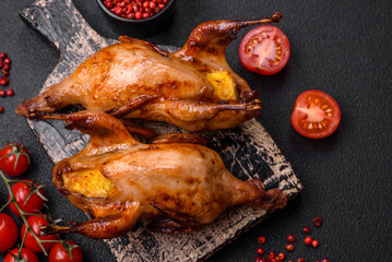 Roasted quail, partridge or pigeon stuffed with orange with spices and herbs