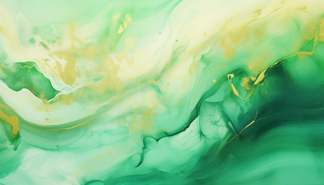 Marble ink painting texture on a luxury background banner - Green waves, swirls, gold painted splashes, 3d lines. AI generated.