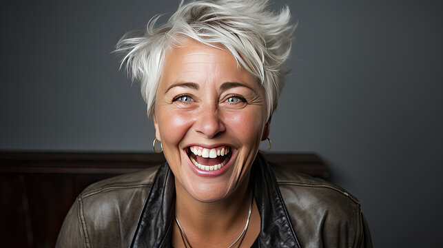 A woman in her 50s with short gray hair and wrinkles is laughing with joy