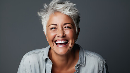 A woman in her 50s with short gray hair and wrinkles is laughing with joy