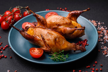 Roasted quail, partridge or pigeon stuffed with orange with spices and herbs