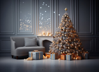 Christmas tree made of New Year's toys on a blue background, minimalism. Hollow decorations, decor, festive background. New Year greeting card, banner, poster with copy space.	
