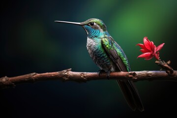 Fototapeta premium A Graceful Hummingbird Perched on a Blossoming Branch, Surrounded by Vibrant Colors Created With Generative AI Technology