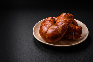 Delicious baked crispy croissants as an element of an invigorating, nutritious breakfast