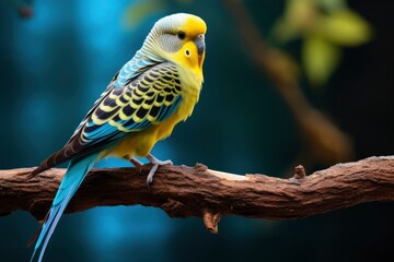 A Vibrant Budgerigar song parrot perchin Parakeet in Yellow and Blue, Resting on a Branch Created With Generative AI Technology