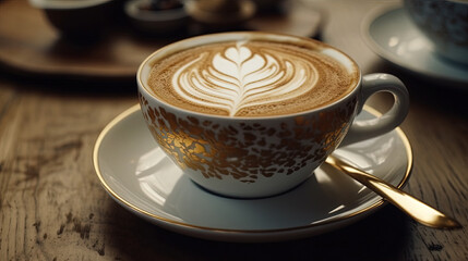 A Cup of Beautiful Cappuccino The Cup is White With Gold Patterns Printed on It With Heart Selective Focus Background