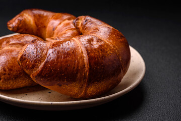 Delicious baked crispy croissants as an element of an invigorating, nutritious breakfast