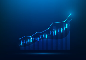 business trading graph stock candle investment growth up on blue background. financial data technology strategy to success. market chart profit money increase. vector illustration digital fantastic. - obrazy, fototapety, plakaty