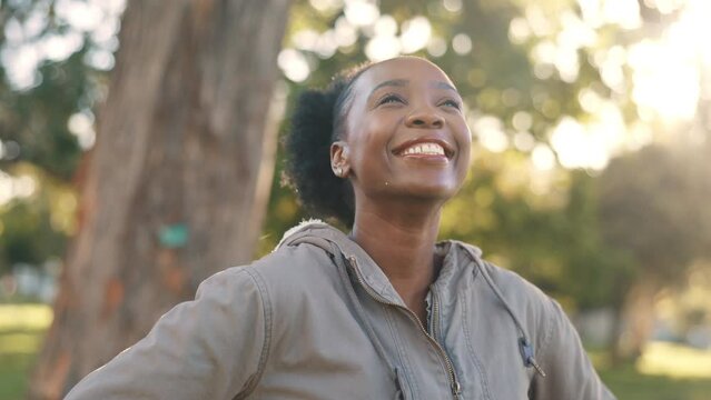 Thinking, outdoor and black woman with fitness, breathing and relax with lens flare, fresh air and smile. African person, runner and athlete with exercise, training and peace with workout or progress