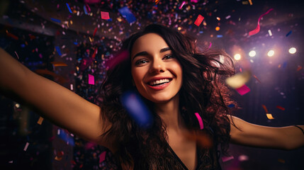 A joyous curly-haired woman, adorned in sequined evening wear, beams brightly amidst a confetti-filled celebration with shimmering bokeh lights.