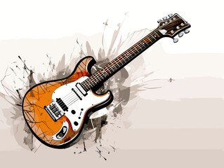 Drawing of Guitar on grunge background - music illustration separated, sweeping overdrawn lines. - obrazy, fototapety, plakaty