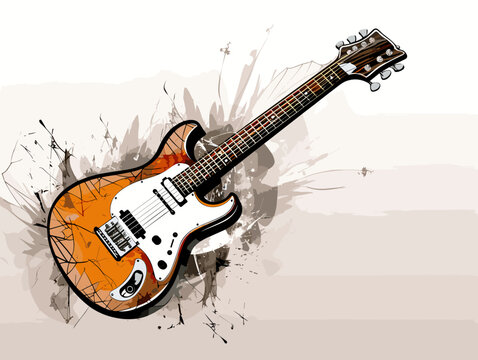Drawing of Guitar on grunge background - music illustration separated, sweeping overdrawn lines.