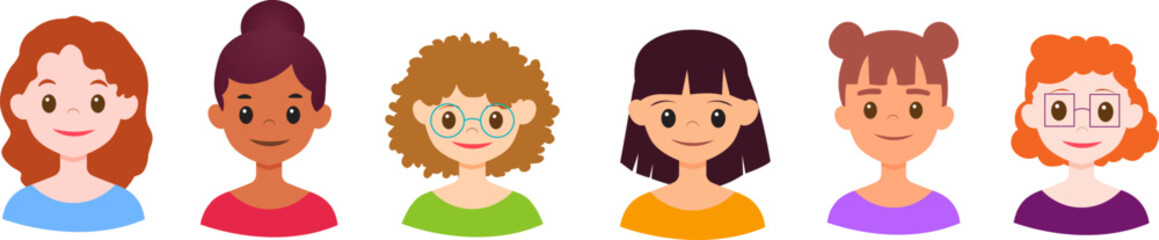 Set of women's, children's faces, character constructor, various hairstyles, glasses, positive emotions, icons, portraits, avatars