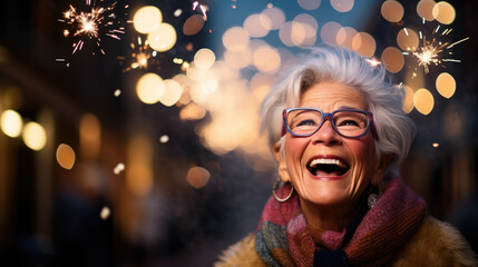 An elderly woman with silver hair and glasses beams with joy on a bustling city street, bathed in the warm glow of bokeh lights during the evening.