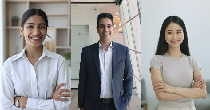 Indian and Asian businesspeople pose in workspace staring at camera. Collage of three successful corporate staff members, employees and boss feel satisfied with career growth and business perspectives