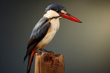 A Majestic black-capped kingfisher Halcyon Bird Perched on a Rustic Wooden Post Created With Generative AI Technology