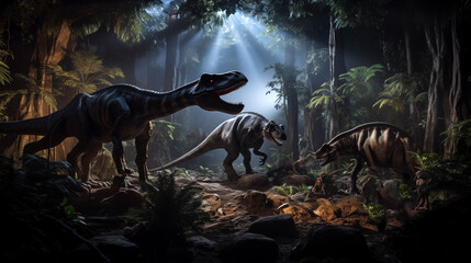 Dinosaur predators attacking herbaceous beast animal in forest. Generative AI