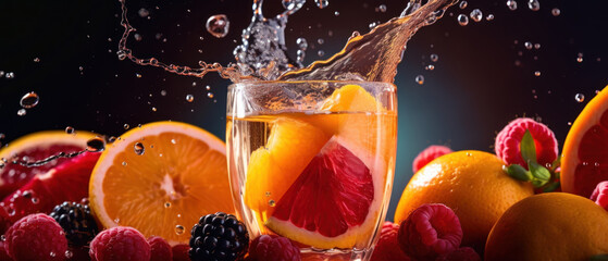 Juice splash with vibrant fruits.