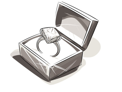 Drawing of Illustration of isolated diamond ring in the box illustration separated, sweeping overdrawn lines.