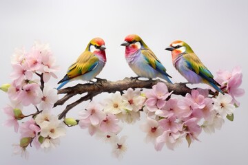 Fototapeta premium Three Vibrant rainbow birds Enjoying the Cherry Blossom Serenade Created With Generative AI Technology