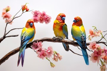 Three Vibrant rainbow birds on a Branch: A Colorful Display of Nature's Beauty Created With Generative AI Technology