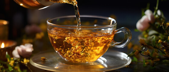 Herbal tea pour, flower infusion. - obrazy, fototapety, plakaty