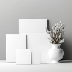 Mockup white blank greeting cards on white background, minimalist wild flowers